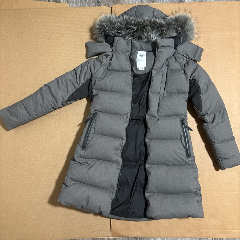 Descente Gray Bomber Jacket with Fur Trim